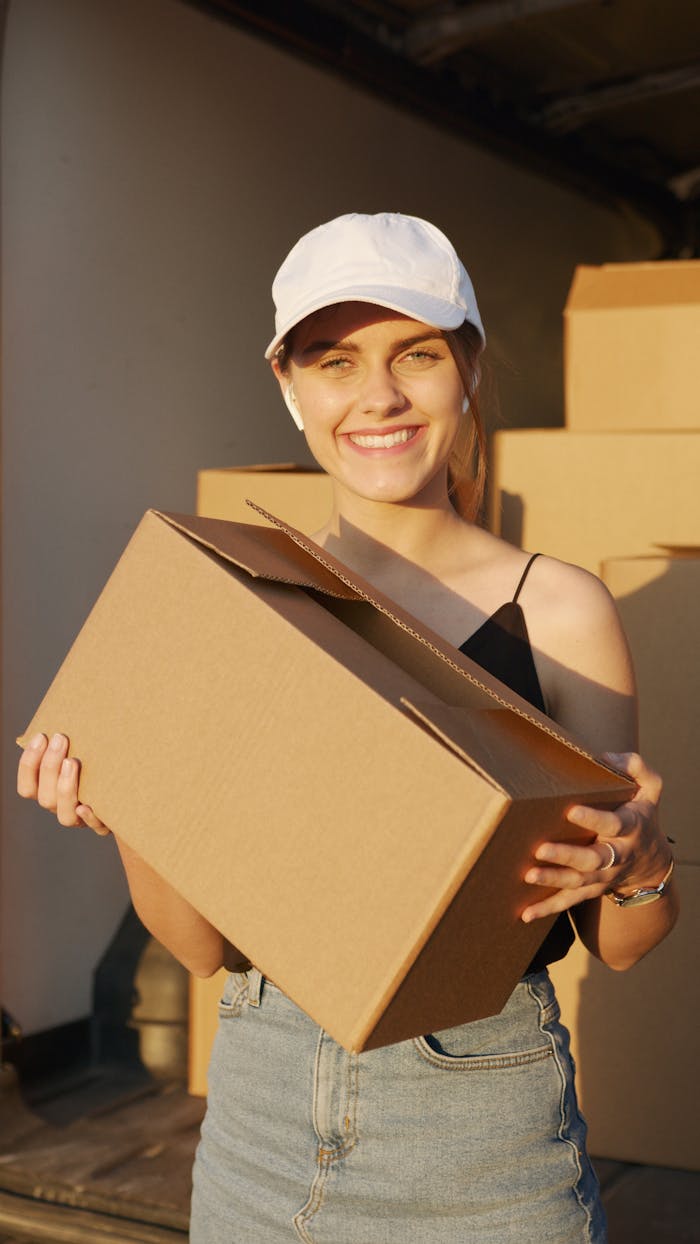 services-05 A cheerful woman wearing a cap holds a cardboard box with sunlight illuminating her face.